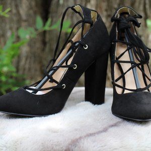 Faux Suede Lace Up Block Heel Pump (Black)